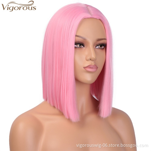 Vigorous Pink Wig Synthetic Straight Hair Middle Part Shoulder Length Bob Wigs for Women Colorful Fashion Bob Wigs